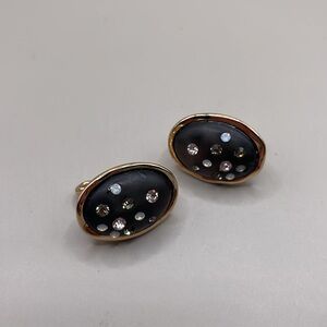 Vintage Gold Tone Black Oval Rhinestone Clip On Statement Earrings